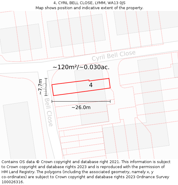 4, CYRIL BELL CLOSE, LYMM, WA13 0JS: Plot and title map