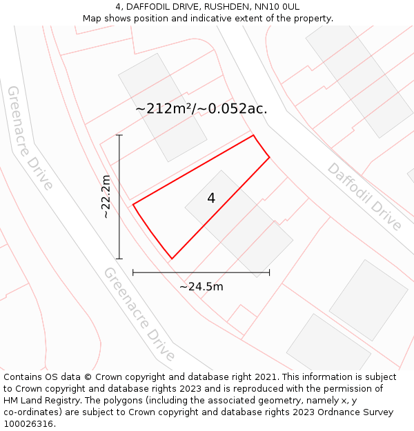4, DAFFODIL DRIVE, RUSHDEN, NN10 0UL: Plot and title map