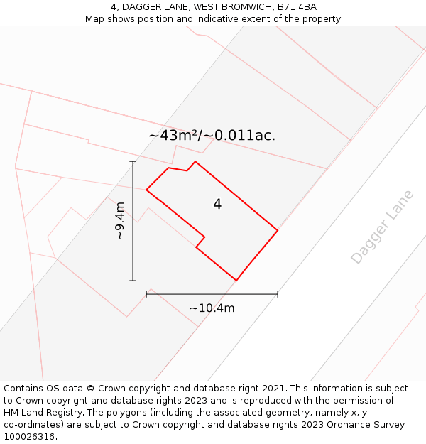 4, DAGGER LANE, WEST BROMWICH, B71 4BA: Plot and title map