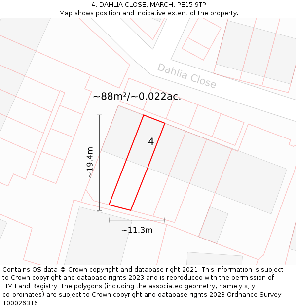 4, DAHLIA CLOSE, MARCH, PE15 9TP: Plot and title map