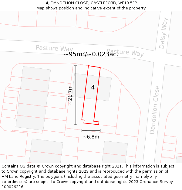 4, DANDELION CLOSE, CASTLEFORD, WF10 5FP: Plot and title map