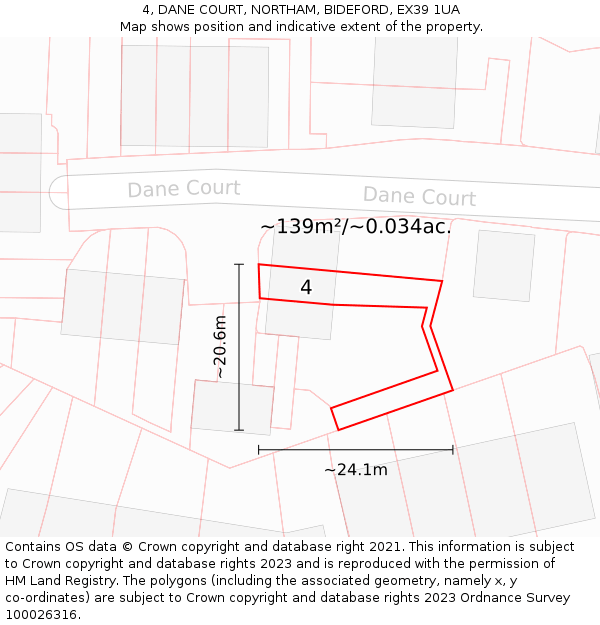 4, DANE COURT, NORTHAM, BIDEFORD, EX39 1UA: Plot and title map