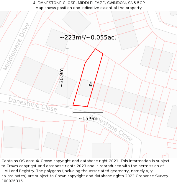 4, DANESTONE CLOSE, MIDDLELEAZE, SWINDON, SN5 5GP: Plot and title map