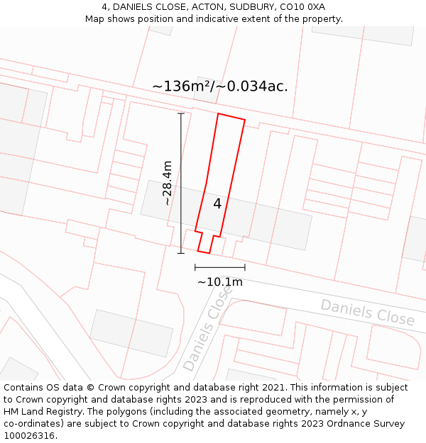 4, DANIELS CLOSE, ACTON, SUDBURY, CO10 0XA: Plot and title map