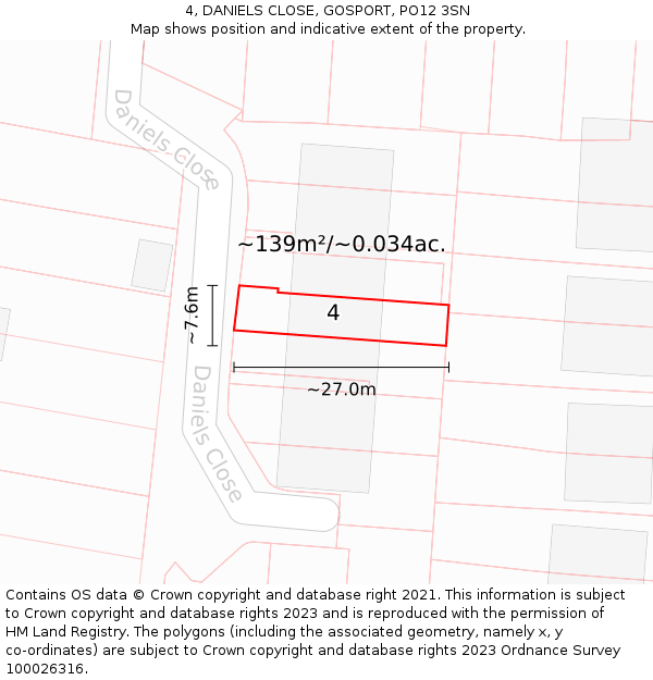 4, DANIELS CLOSE, GOSPORT, PO12 3SN: Plot and title map
