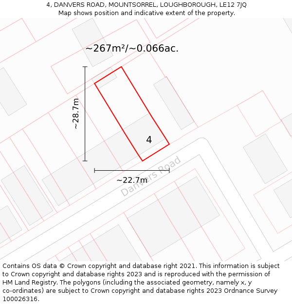 4, DANVERS ROAD, MOUNTSORREL, LOUGHBOROUGH, LE12 7JQ: Plot and title map