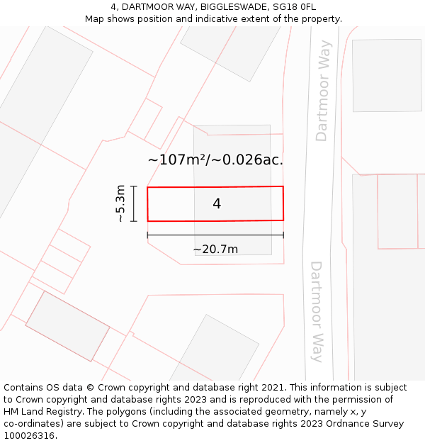 4, DARTMOOR WAY, BIGGLESWADE, SG18 0FL: Plot and title map