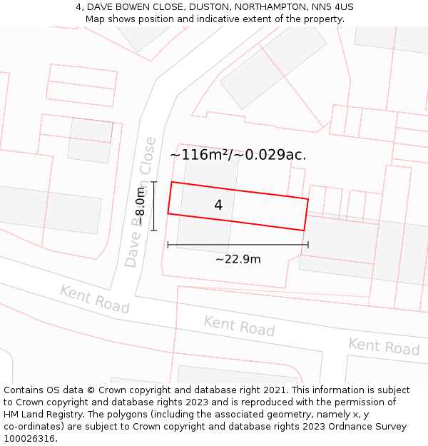 4, DAVE BOWEN CLOSE, DUSTON, NORTHAMPTON, NN5 4US: Plot and title map