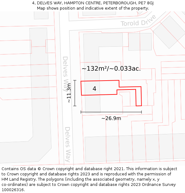 4, DELVES WAY, HAMPTON CENTRE, PETERBOROUGH, PE7 8GJ: Plot and title map