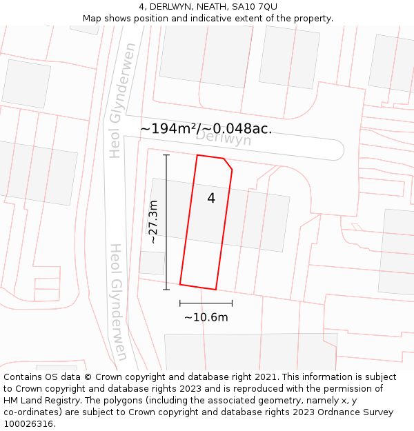 4, DERLWYN, NEATH, SA10 7QU: Plot and title map