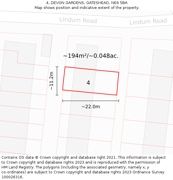 4, DEVON GARDENS, GATESHEAD, NE9 5BA: Plot and title map