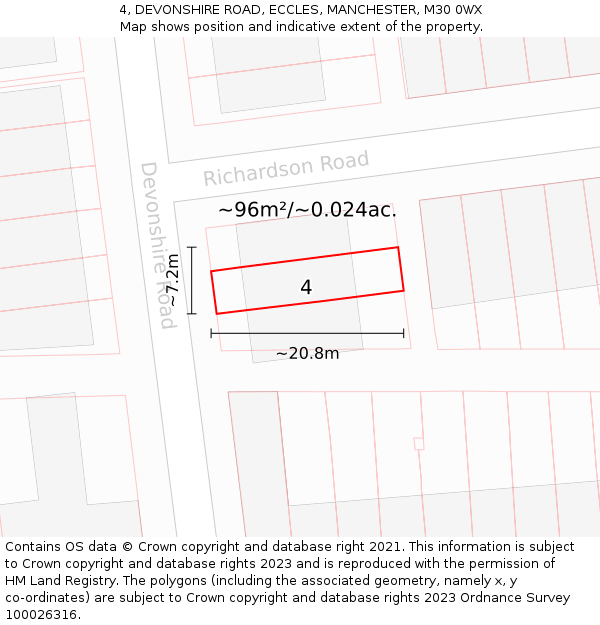 4, DEVONSHIRE ROAD, ECCLES, MANCHESTER, M30 0WX: Plot and title map