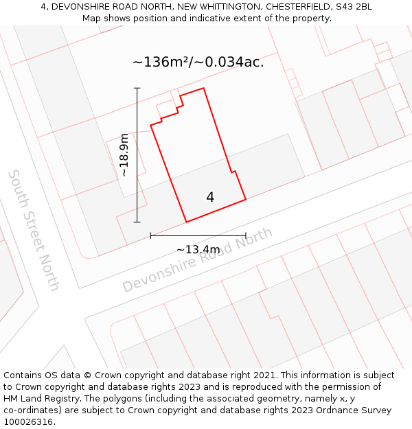 4, DEVONSHIRE ROAD NORTH, NEW WHITTINGTON, CHESTERFIELD, S43 2BL: Plot and title map