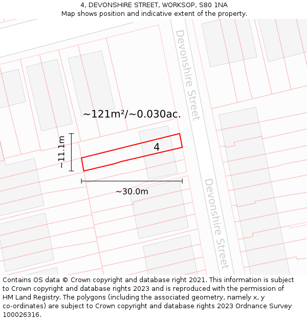 4, DEVONSHIRE STREET, WORKSOP, S80 1NA: Plot and title map