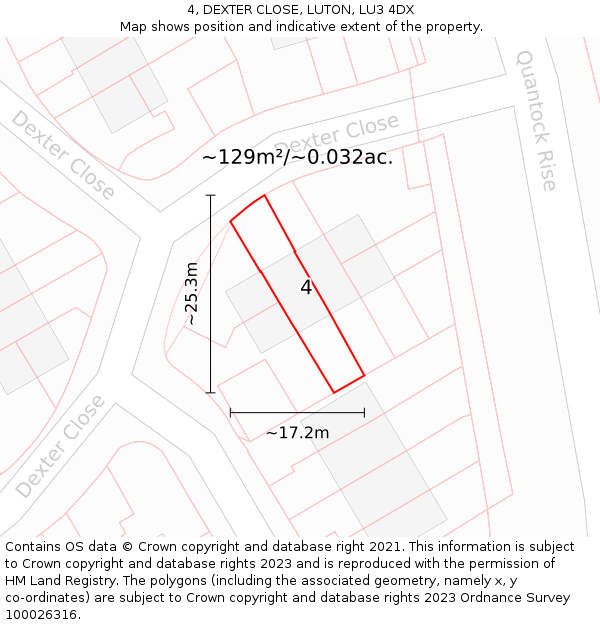 4, DEXTER CLOSE, LUTON, LU3 4DX: Plot and title map