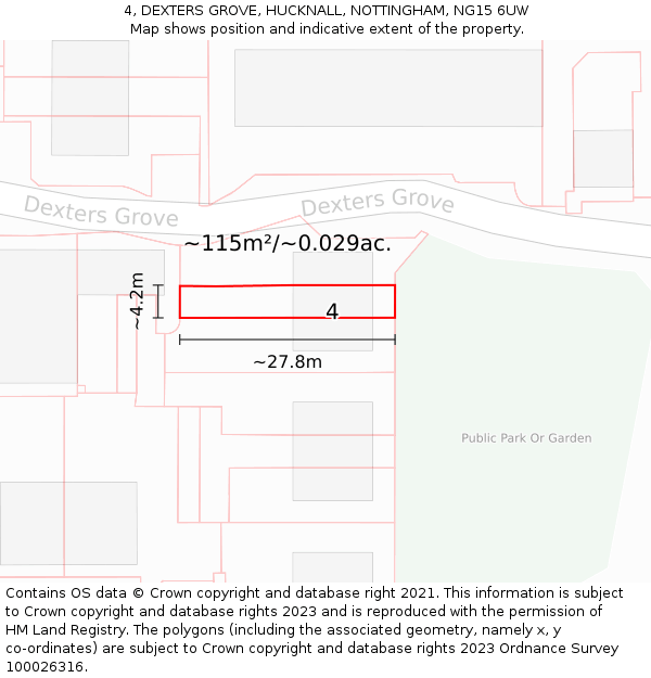 4, DEXTERS GROVE, HUCKNALL, NOTTINGHAM, NG15 6UW: Plot and title map