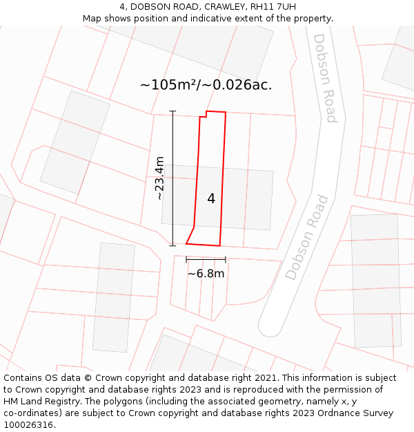 4, DOBSON ROAD, CRAWLEY, RH11 7UH: Plot and title map
