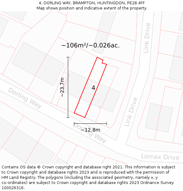 4, DORLING WAY, BRAMPTON, HUNTINGDON, PE28 4FF: Plot and title map