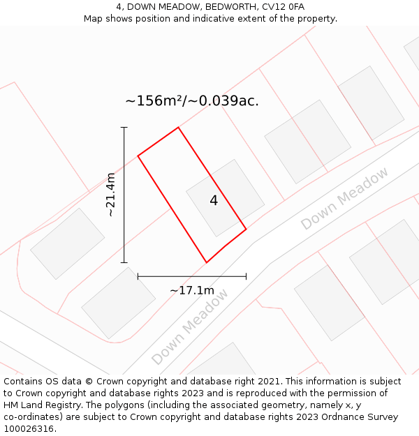 4, DOWN MEADOW, BEDWORTH, CV12 0FA: Plot and title map