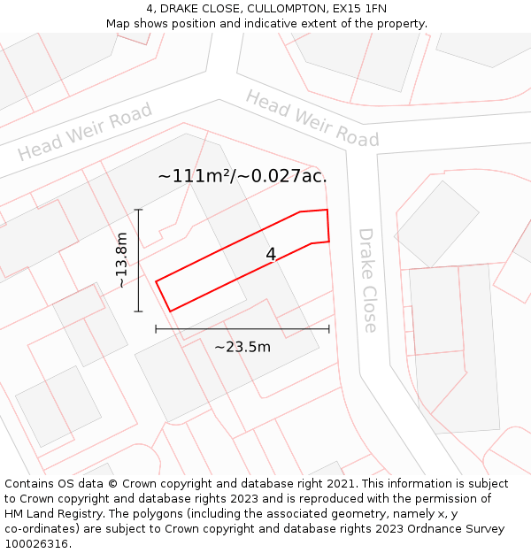 4, DRAKE CLOSE, CULLOMPTON, EX15 1FN: Plot and title map