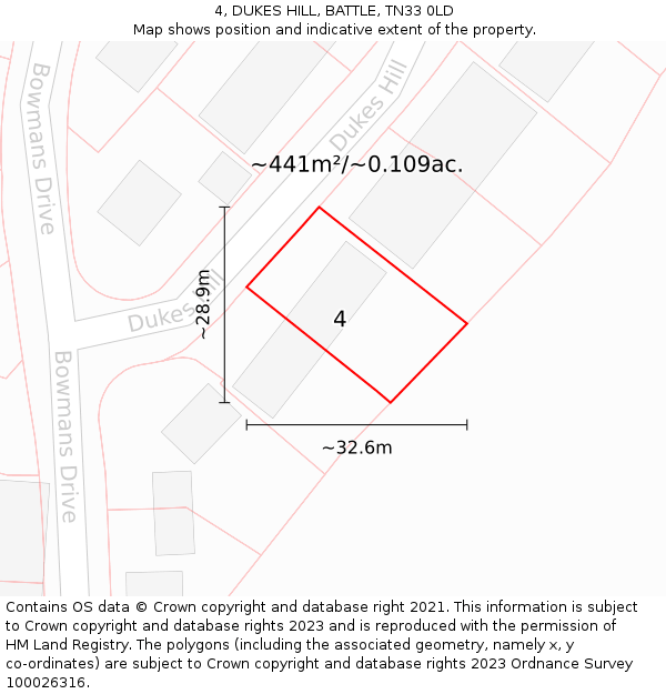 4, DUKES HILL, BATTLE, TN33 0LD: Plot and title map