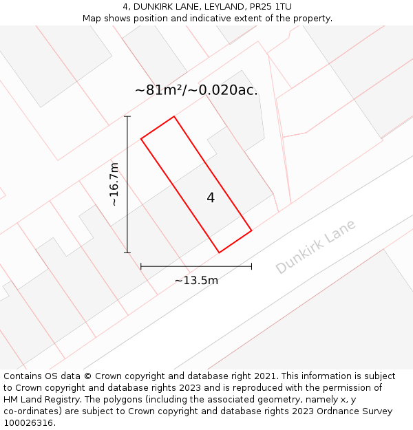 4, DUNKIRK LANE, LEYLAND, PR25 1TU: Plot and title map