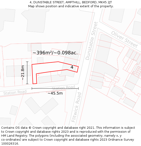 4, DUNSTABLE STREET, AMPTHILL, BEDFORD, MK45 2JT: Plot and title map