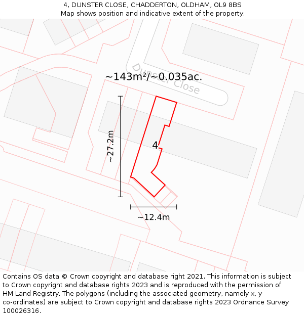 4, DUNSTER CLOSE, CHADDERTON, OLDHAM, OL9 8BS: Plot and title map