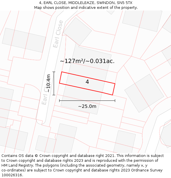 4, EARL CLOSE, MIDDLELEAZE, SWINDON, SN5 5TX: Plot and title map