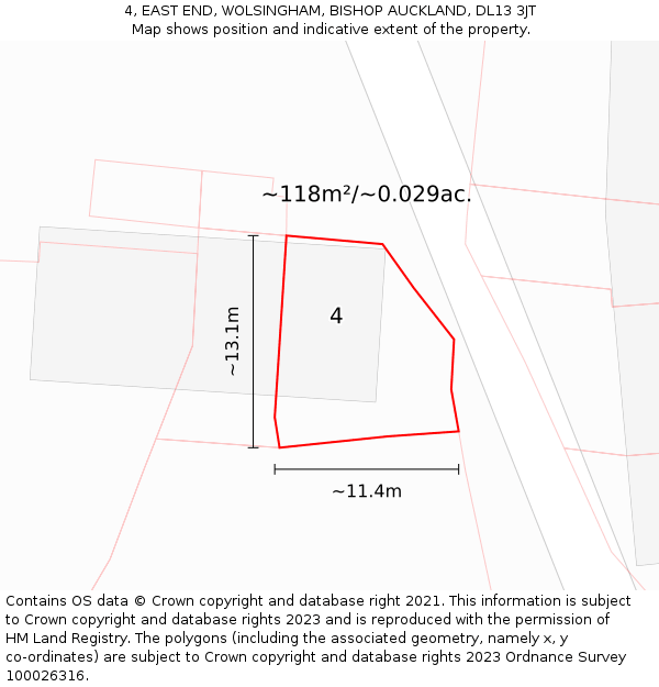4, EAST END, WOLSINGHAM, BISHOP AUCKLAND, DL13 3JT: Plot and title map