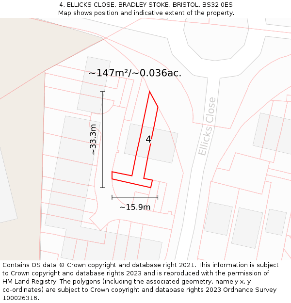 4, ELLICKS CLOSE, BRADLEY STOKE, BRISTOL, BS32 0ES: Plot and title map