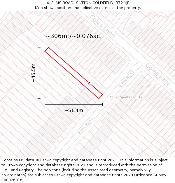 4, ELMS ROAD, SUTTON COLDFIELD, B72 1JF: Plot and title map