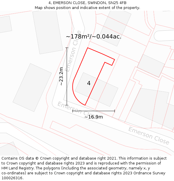 4, EMERSON CLOSE, SWINDON, SN25 4FB: Plot and title map