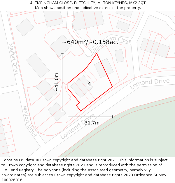 4, EMPINGHAM CLOSE, BLETCHLEY, MILTON KEYNES, MK2 3QT: Plot and title map