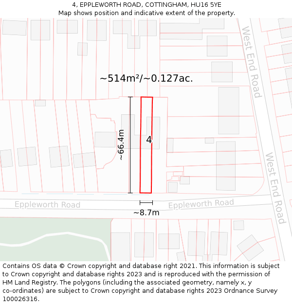 4, EPPLEWORTH ROAD, COTTINGHAM, HU16 5YE: Plot and title map