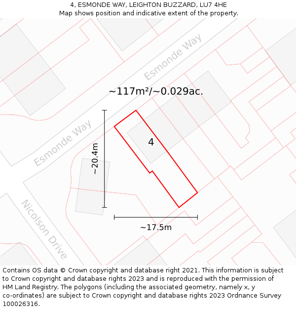 4, ESMONDE WAY, LEIGHTON BUZZARD, LU7 4HE: Plot and title map