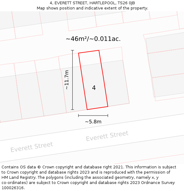 4, EVERETT STREET, HARTLEPOOL, TS26 0JB: Plot and title map
