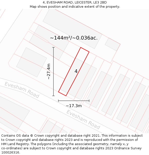 4, EVESHAM ROAD, LEICESTER, LE3 2BD: Plot and title map
