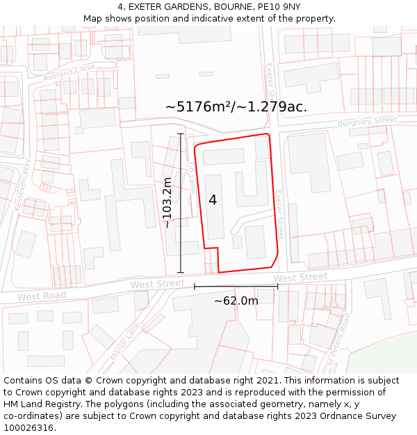 4, EXETER GARDENS, BOURNE, PE10 9NY: Plot and title map