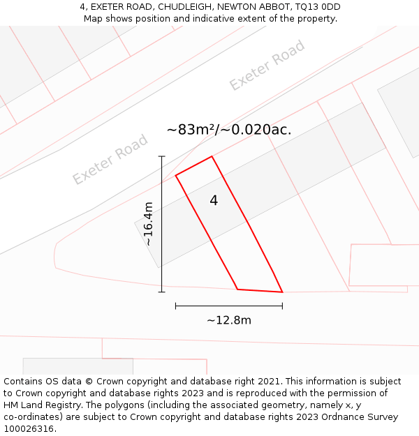 4, EXETER ROAD, CHUDLEIGH, NEWTON ABBOT, TQ13 0DD: Plot and title map