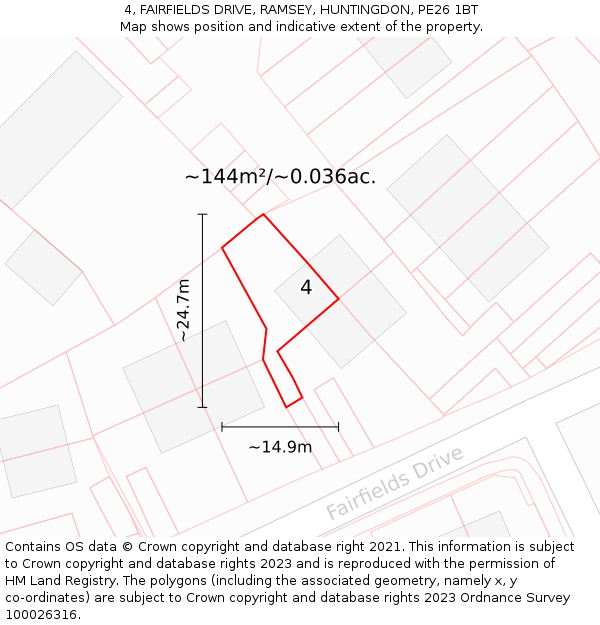 4, FAIRFIELDS DRIVE, RAMSEY, HUNTINGDON, PE26 1BT: Plot and title map