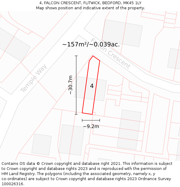 4, FALCON CRESCENT, FLITWICK, BEDFORD, MK45 1LY: Plot and title map