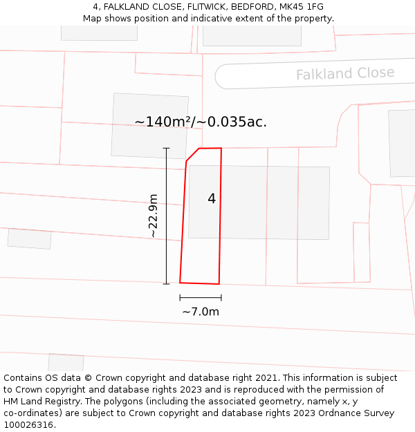 4, FALKLAND CLOSE, FLITWICK, BEDFORD, MK45 1FG: Plot and title map