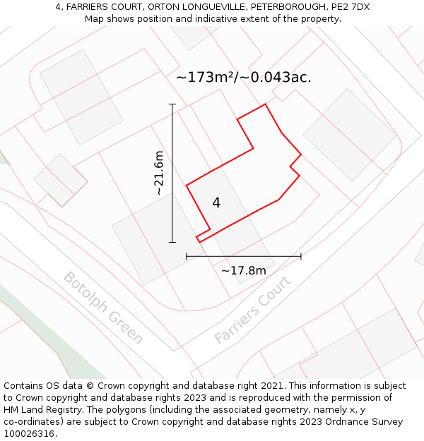 4, FARRIERS COURT, ORTON LONGUEVILLE, PETERBOROUGH, PE2 7DX: Plot and title map