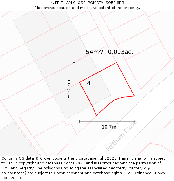 4, FELTHAM CLOSE, ROMSEY, SO51 8PB: Plot and title map