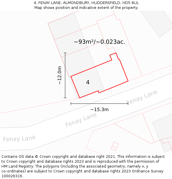 4, FENAY LANE, ALMONDBURY, HUDDERSFIELD, HD5 8UL: Plot and title map