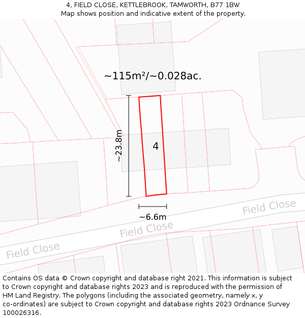 4, FIELD CLOSE, KETTLEBROOK, TAMWORTH, B77 1BW: Plot and title map