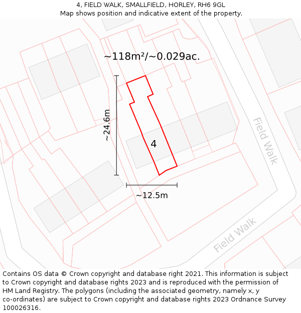 4, FIELD WALK, SMALLFIELD, HORLEY, RH6 9GL: Plot and title map