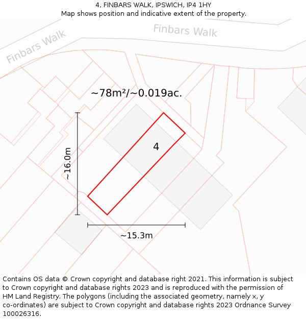 4, FINBARS WALK, IPSWICH, IP4 1HY: Plot and title map