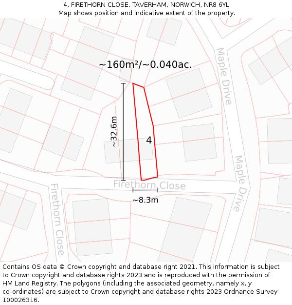 4, FIRETHORN CLOSE, TAVERHAM, NORWICH, NR8 6YL: Plot and title map